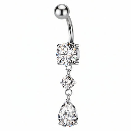 Cherry Diva belly bar 14 Gauge Double Dangling Crystal Teardrop Belly Bar - Silver