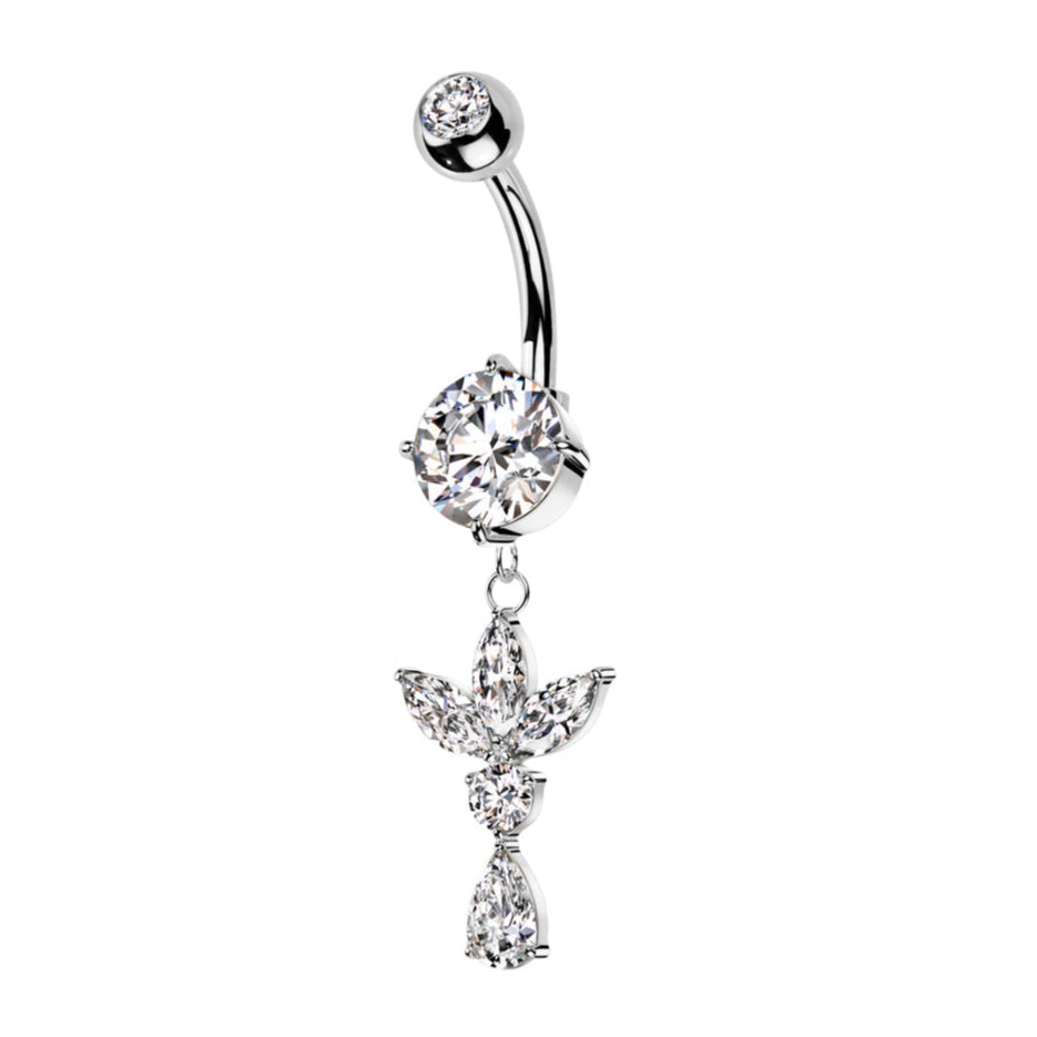 Cherry Diva belly bar 14 Gauge Double Dangling Marquise Flower Belly Bar - Silver