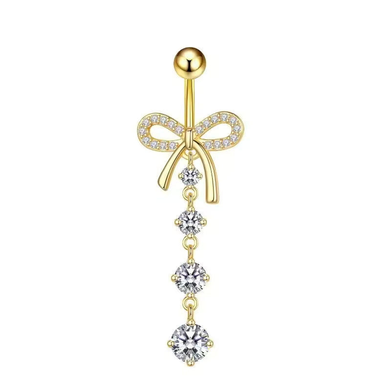 Cherry Diva Belly Bar 14 Gauge Golden Dangling Crystal Bow Belly Button Bar