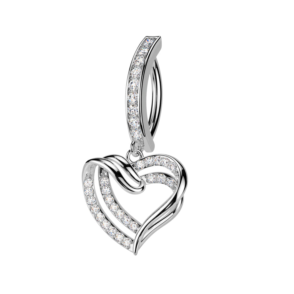 Cherry Diva belly bar 14 Gauge Hinged Dangling Crystal Heart Belly Button Bar