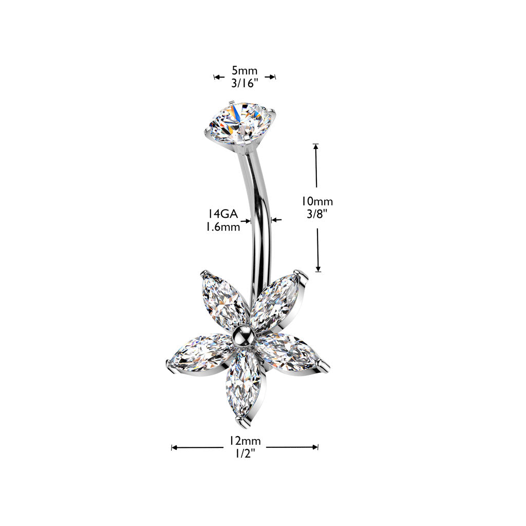 Cherry Diva belly bar 14 Gauge Hypoallergenic Internally Threaded Crystal Flower Belly Bar
