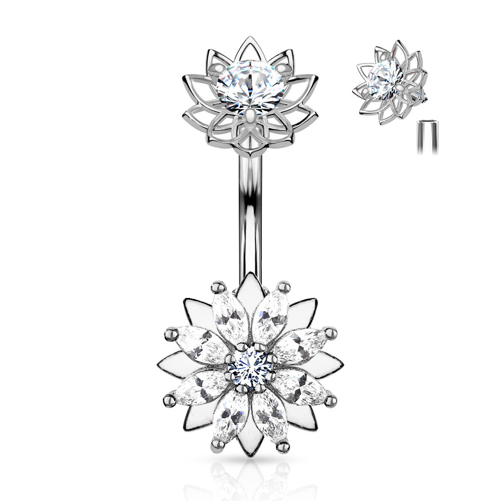 Cherry Diva belly bar Silver 14 Gauge Internally Threaded Crystal Double Flower Belly Bar