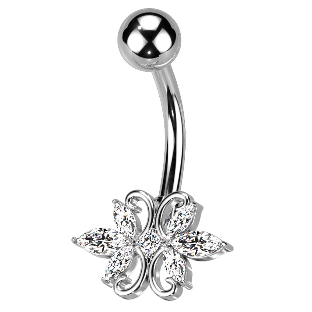 Cherry Diva belly bar 14 Gauge Ornate Marquise Flower Crystal Belly Button Bar