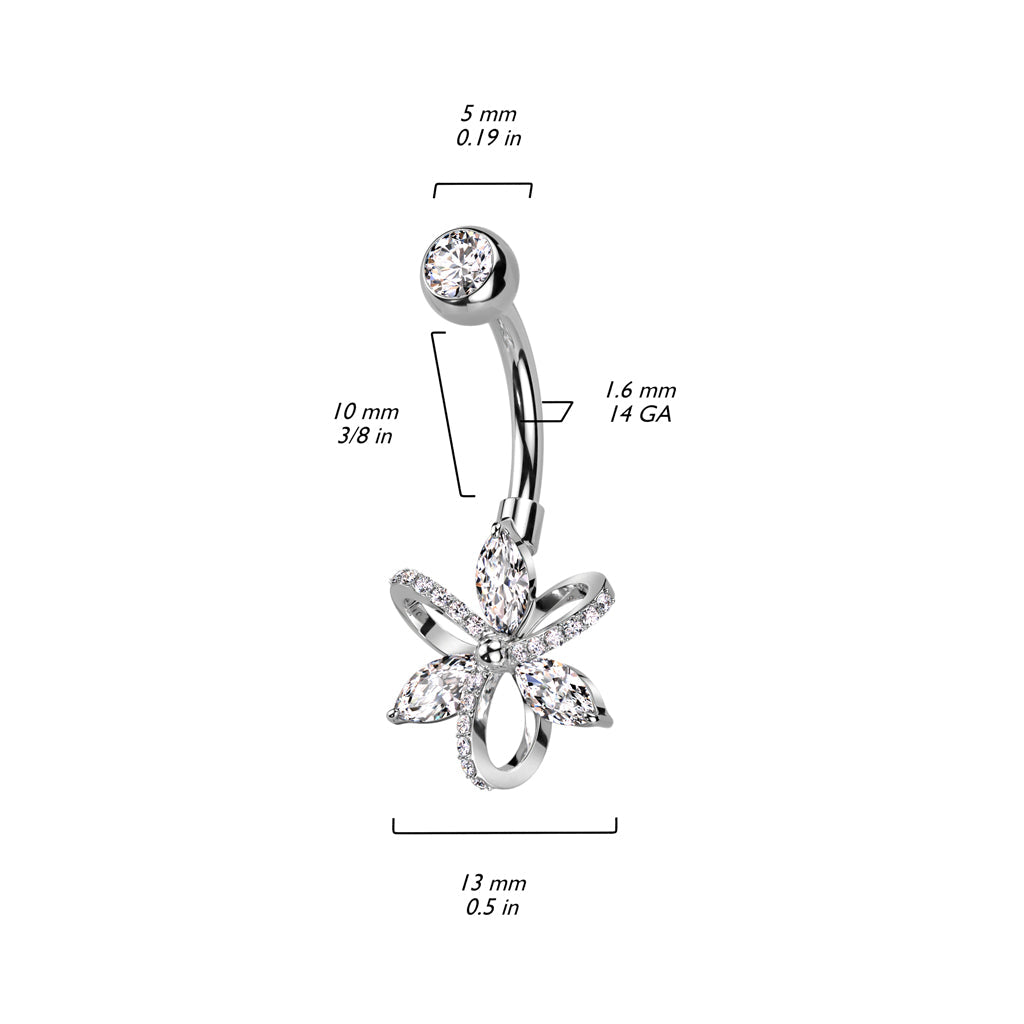 Cherry Diva belly bar 14 Gauge Silver Crystal Three Petal Flower Belly Bar