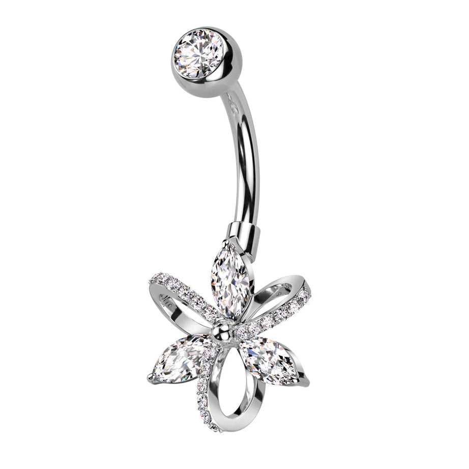Cherry Diva belly bar 14 Gauge Silver Crystal Three Petal Flower Belly Bar