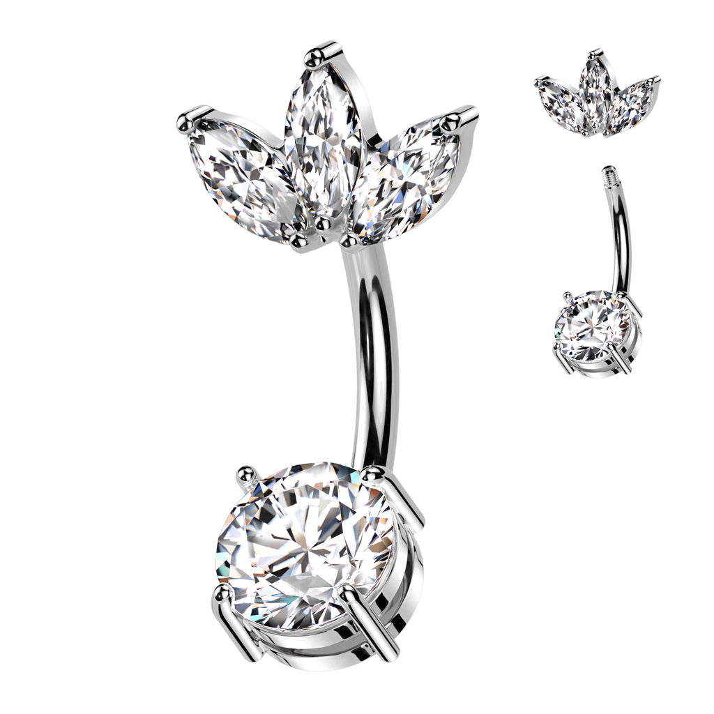 Cherry Diva belly bar 14 Gauge Silver Crystal Triple Flower Belly Bar