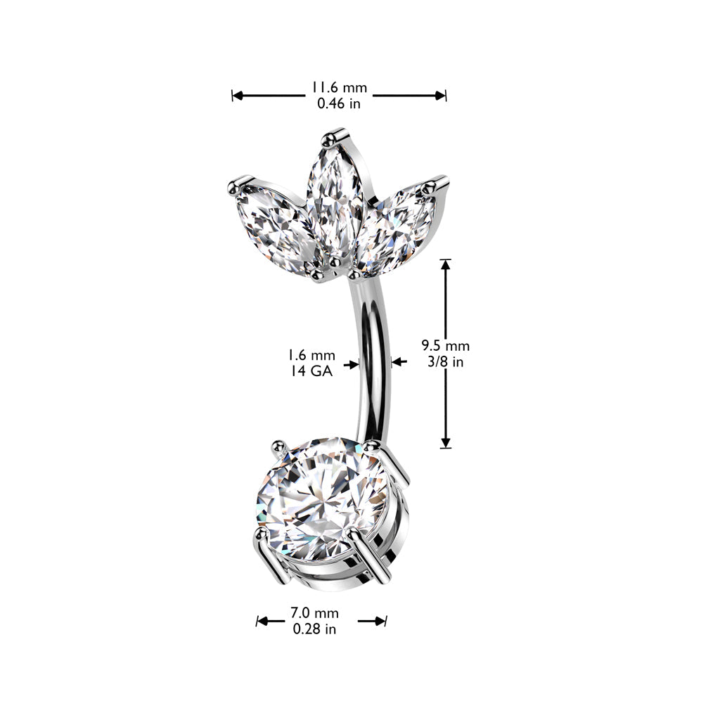 Cherry Diva belly bar 14 Gauge Silver Crystal Triple Flower Belly Bar