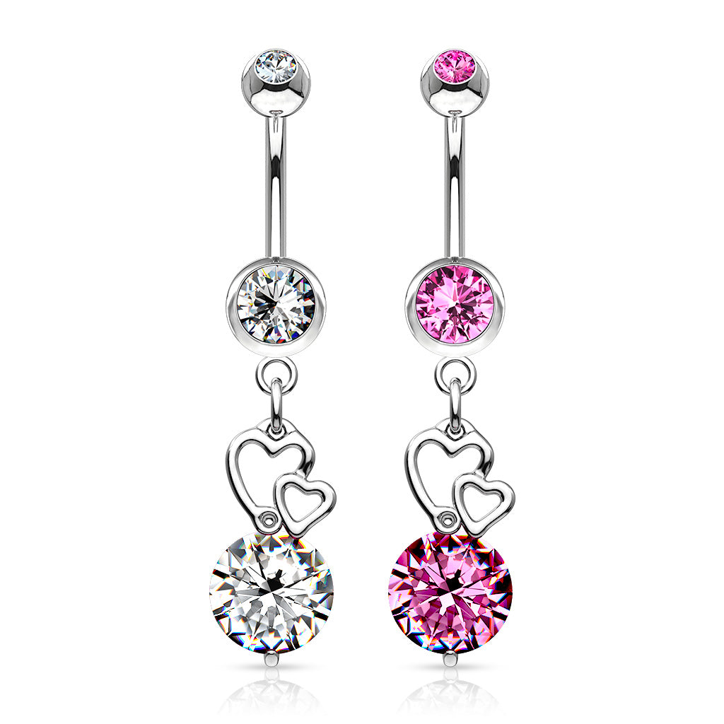 Cherry Diva Belly Bar 14 Gauge Silver Dangling Crystal Heart Belly Button Bar