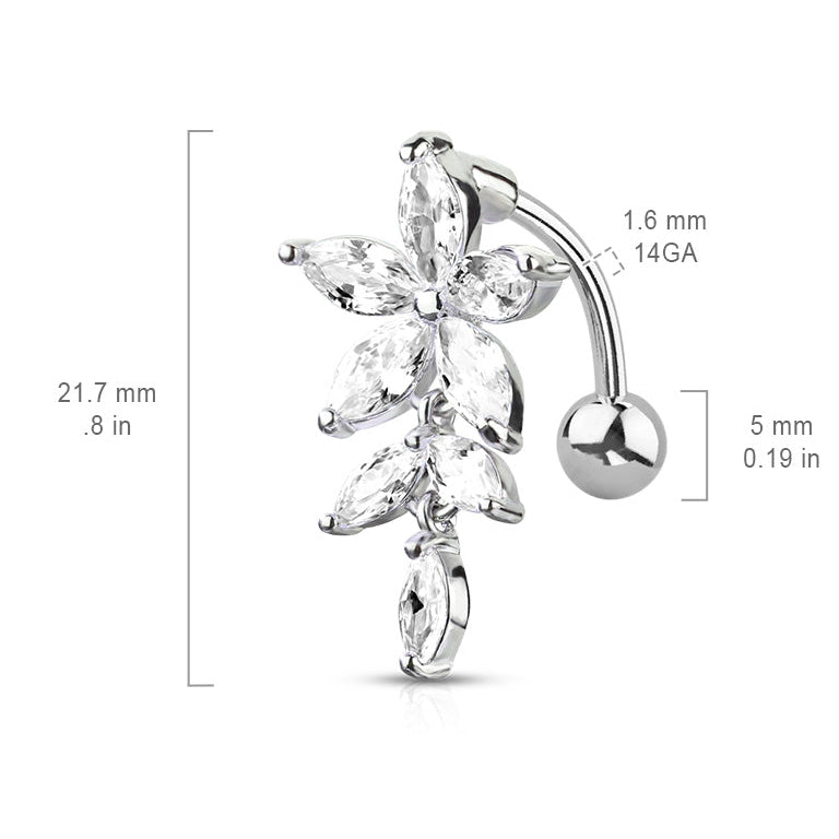 Cherry Diva belly bar 14 Gauge Silver Triple Clear Crystal Flower Belly Button Ring