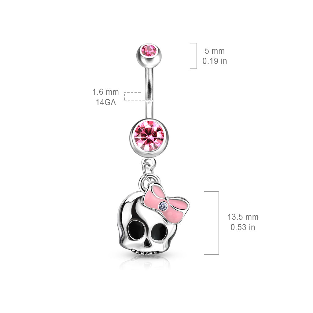 Cherry Diva belly bar 14 Gauge Skull & Bow Belly Button Ring - Silver