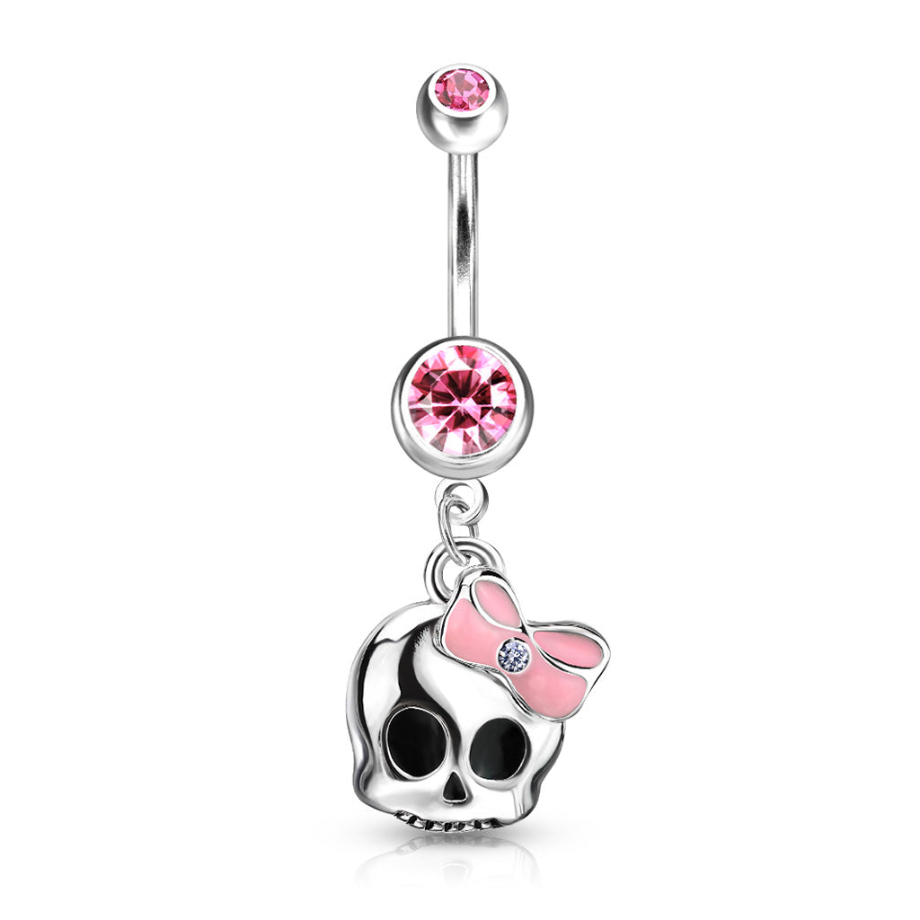 Cherry Diva belly bar 14 Gauge Skull & Bow Belly Button Ring - Silver