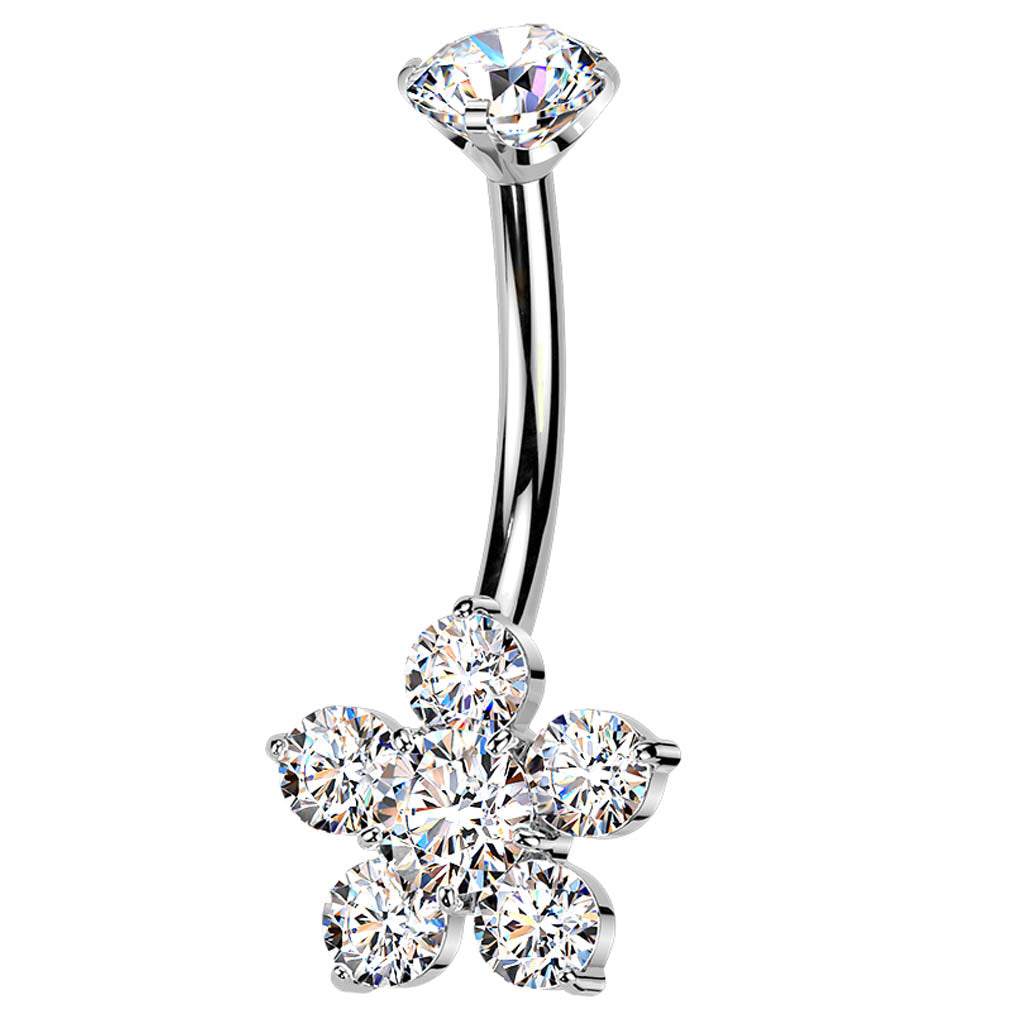 Cherry Diva Belly Bar 14 Gauge Titanium Crystal Flower Belly Button Bar