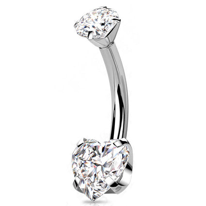 14 Gauge Titanium Double Crystal Heart Belly Button Bar