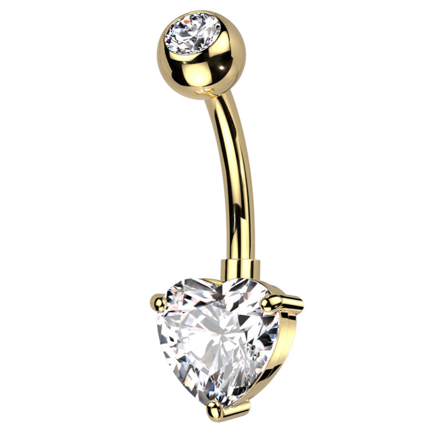 Cherry Diva belly bar Gold 14 Gauge Titanium Prong Set Crystal Heart Belly Button Bar