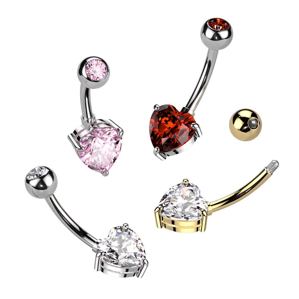 Cherry Diva belly bar 14 Gauge Titanium Prong Set Crystal Heart Belly Button Bar