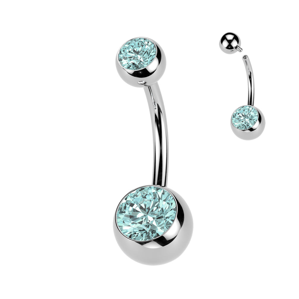 Cherry Diva Belly Bar Blue 14 Gauge Internally Threaded Titanium Double Crystal Belly Bar