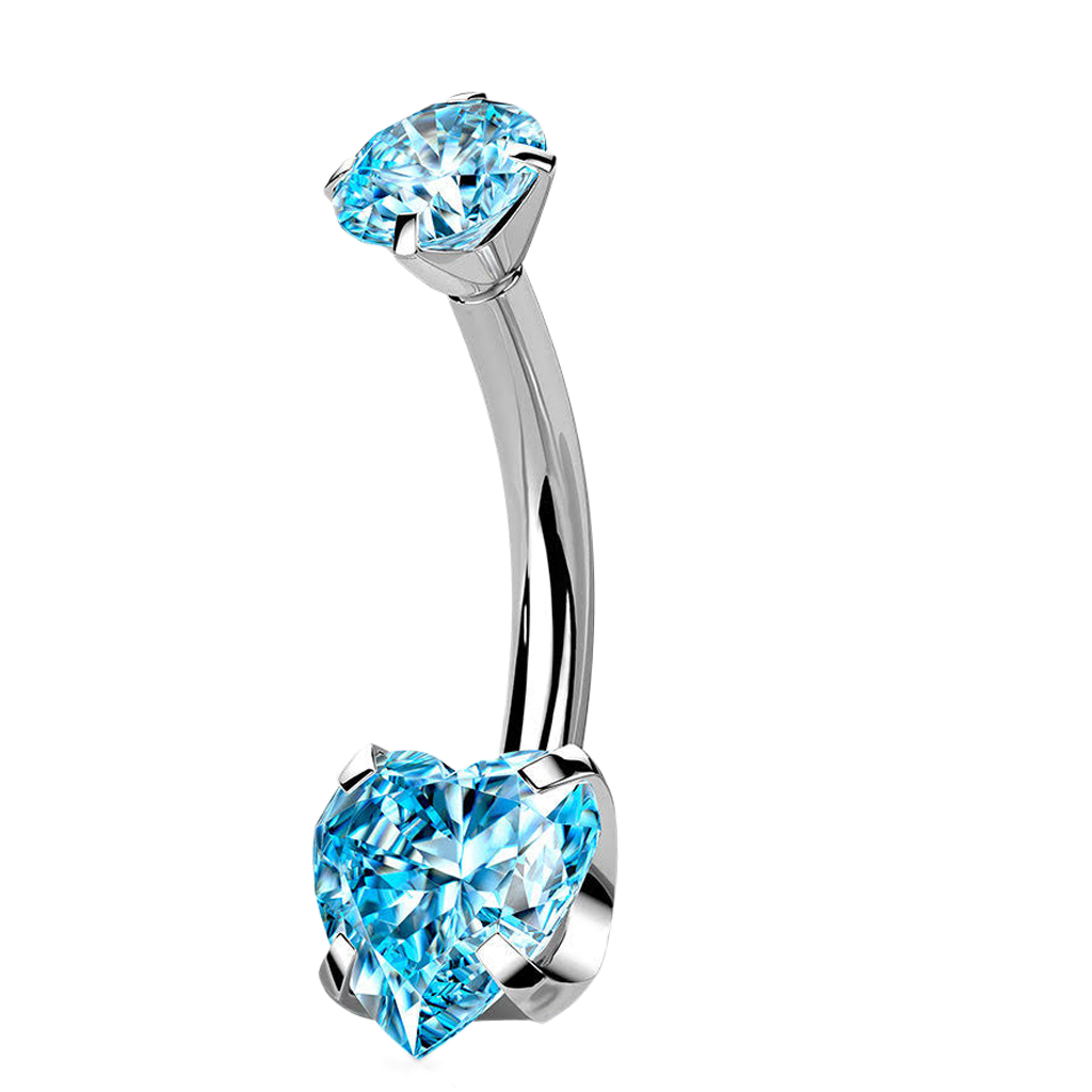 Cherry Diva belly bar Blue 14 Gauge Titanium Double Crystal Heart Belly Button Bar