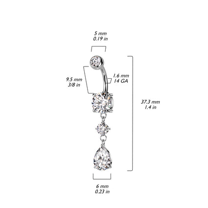 Cherry Diva belly bar 14 Gauge Double Dangling Crystal Teardrop Belly Bar - Gold