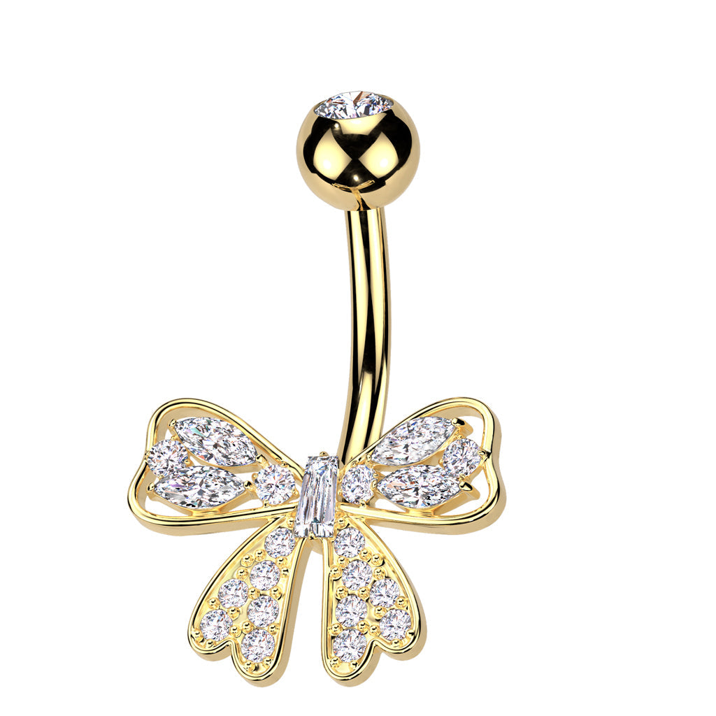 Cherry Diva Belly Bar Gold 14 Gauge Crystal Ribbon Belly Button Bar