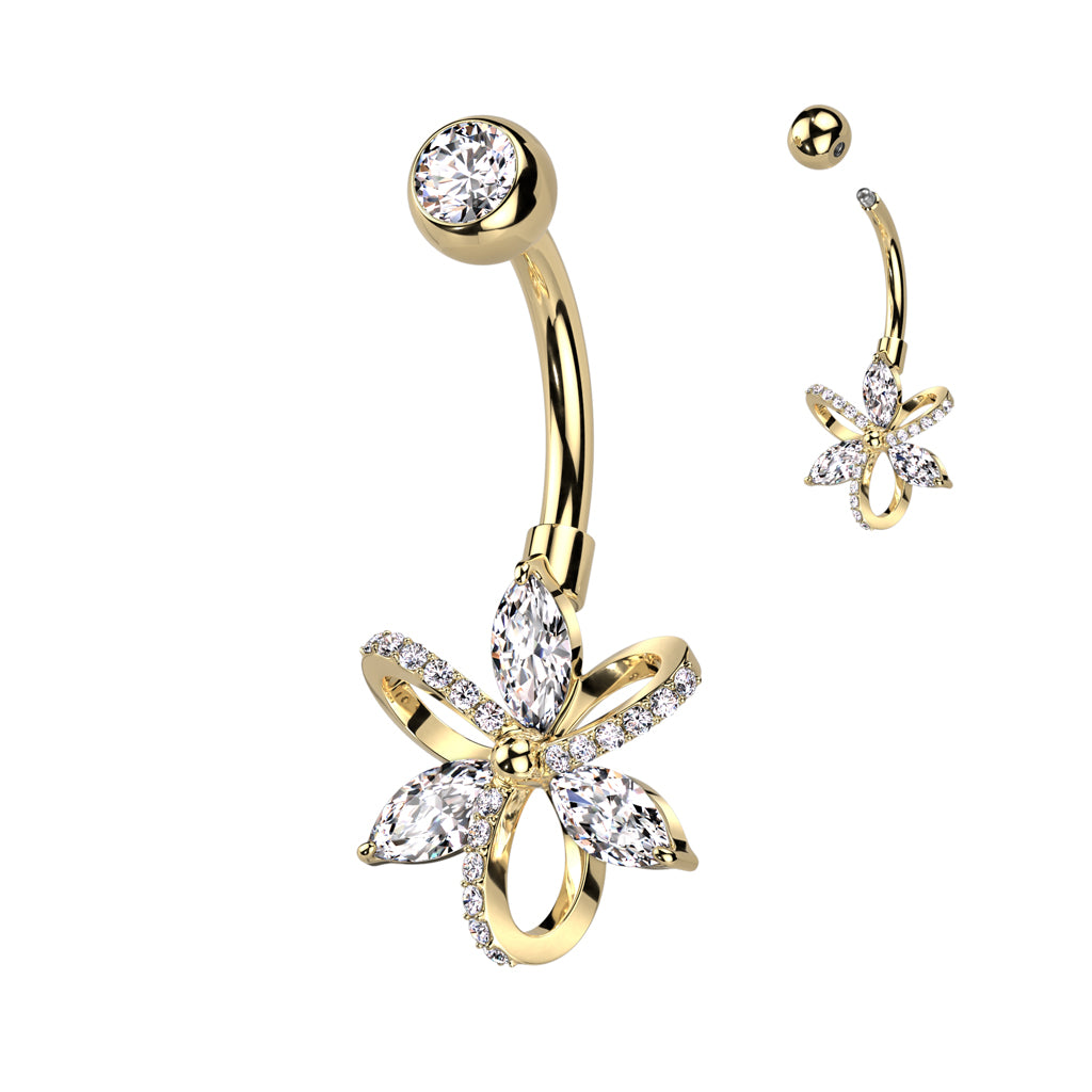 Cherry Diva Belly Bar Gold 14 Gauge Crystal Three Petal Flower Belly Bar