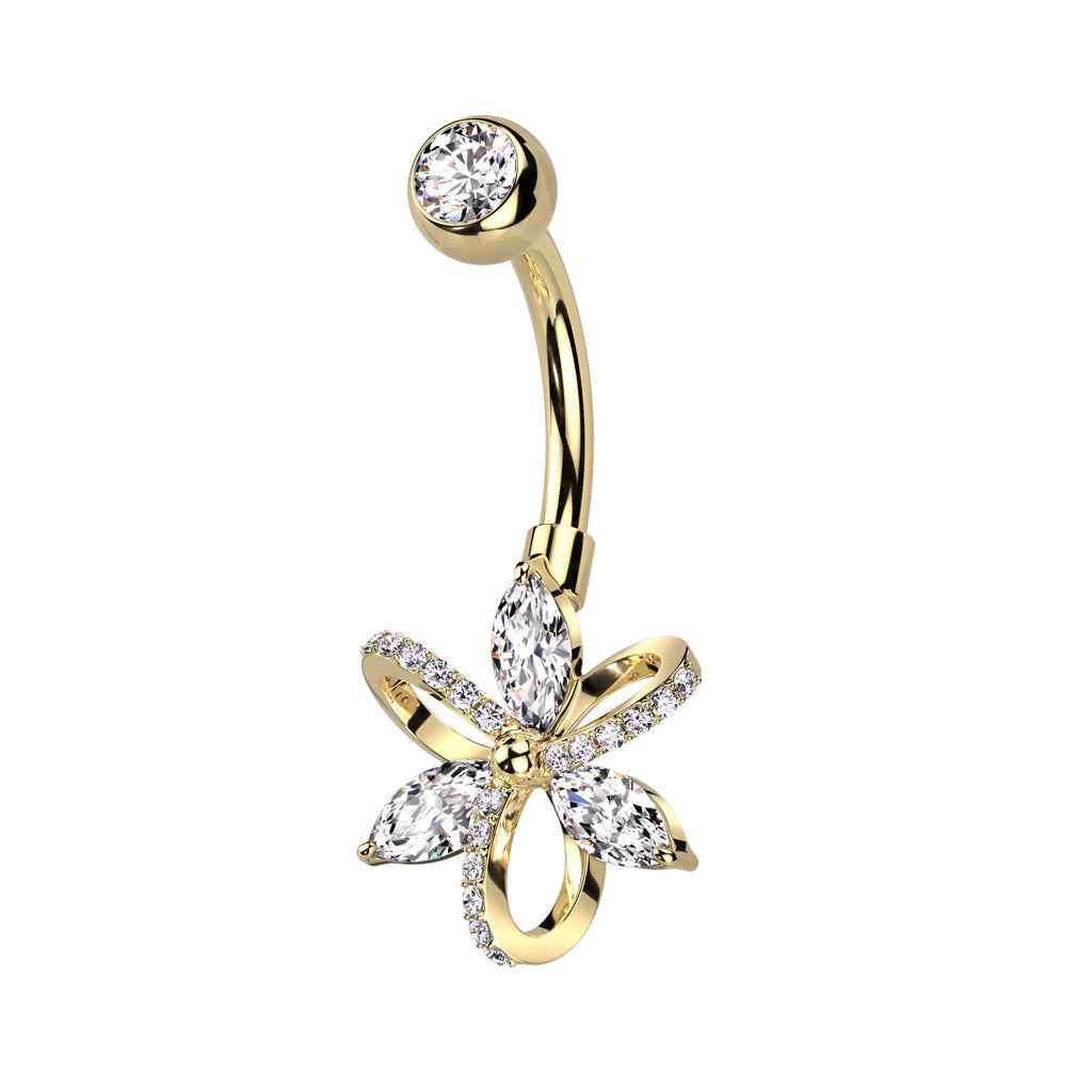 Cherry Diva Belly Bar Gold 14 Gauge Crystal Three Petal Flower Belly Bar