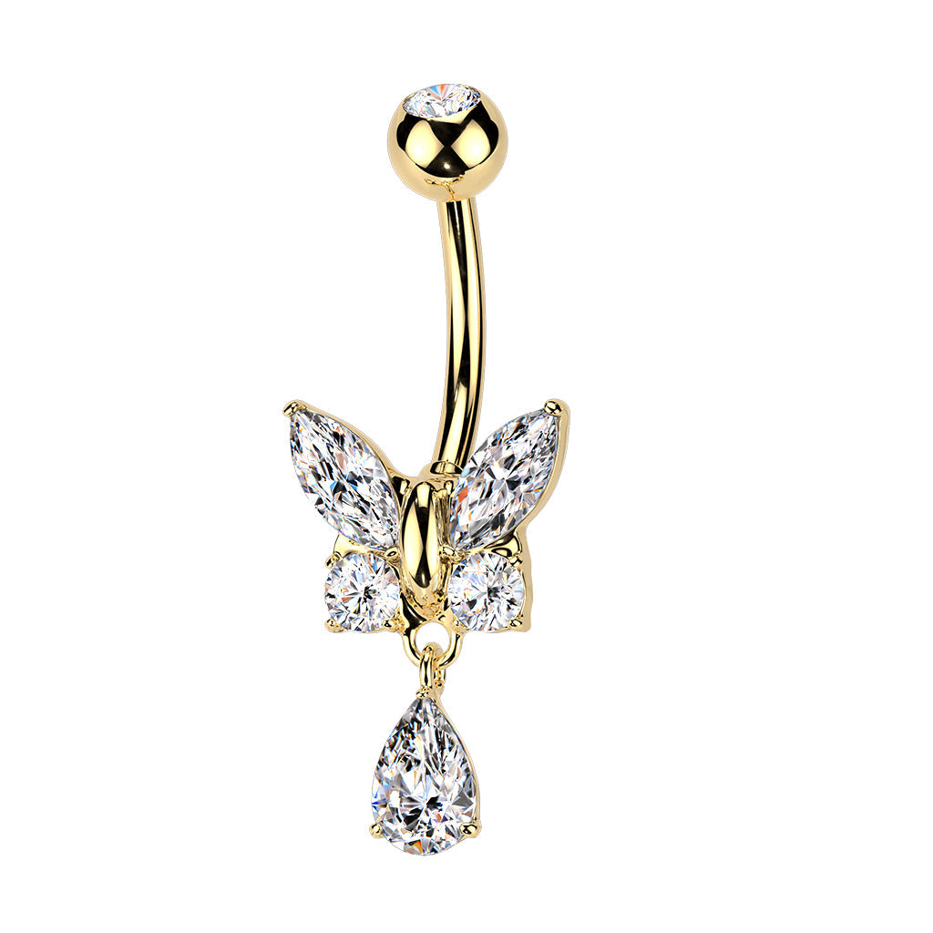 Cherry Diva Belly Bar Gold 14 Gauge Dangling Crystal Butterfly Belly Button Bar