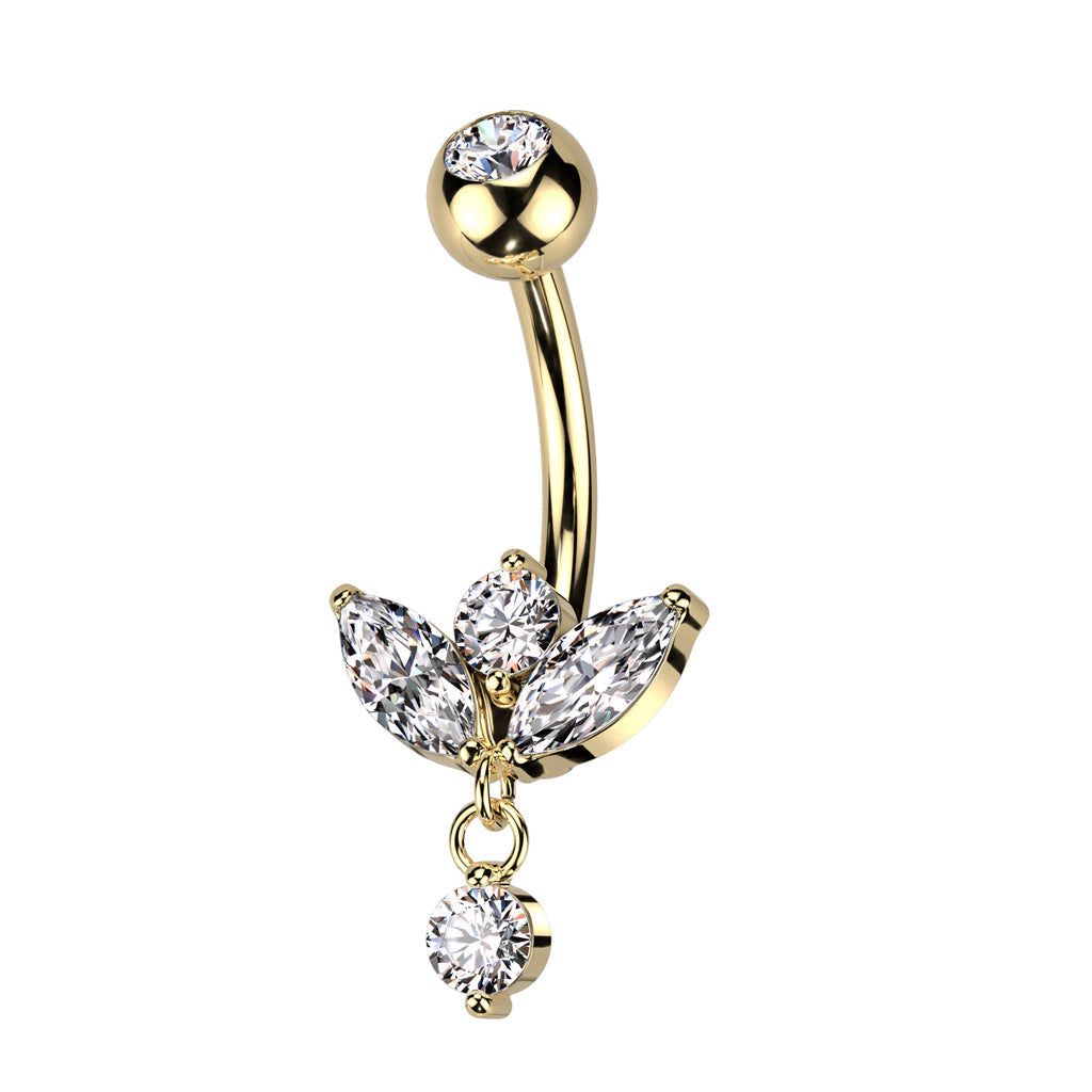 Cherry Diva belly bar Gold 14 Gauge Dangling Crystal Marquise Flower Belly Bar