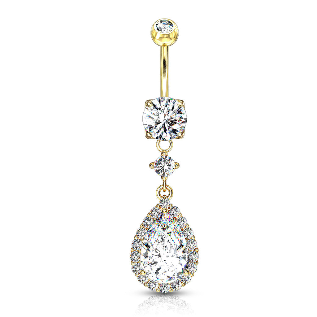 Cherry Diva Belly Bar Gold 14 Gauge Dangling Crystal Teardrop Belly Button Bar