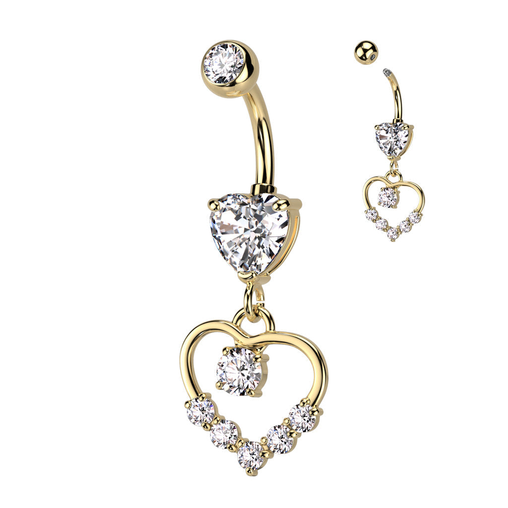 Cherry Diva belly bar Gold 14 Gauge Dangling Hollow Crystal Heart Belly Button Bar