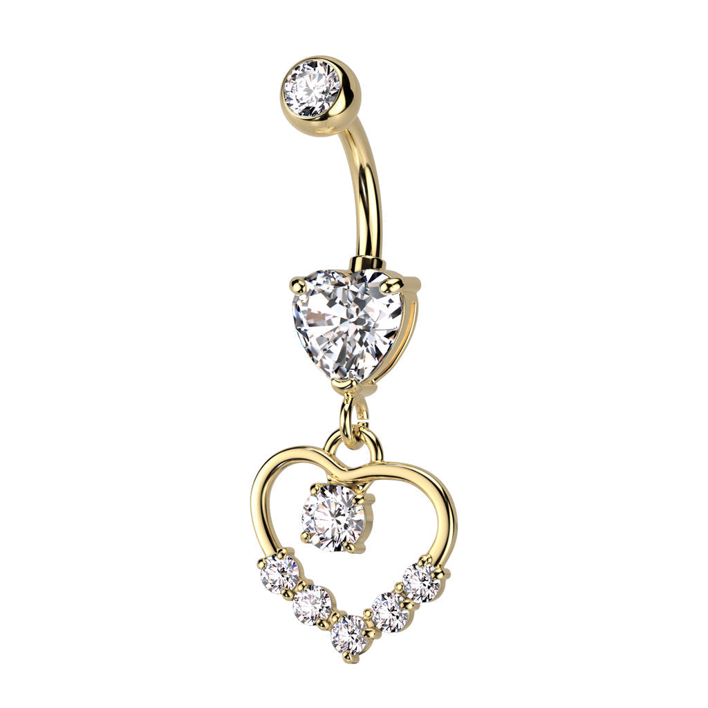 Cherry Diva belly bar Gold 14 Gauge Dangling Hollow Crystal Heart Belly Button Bar