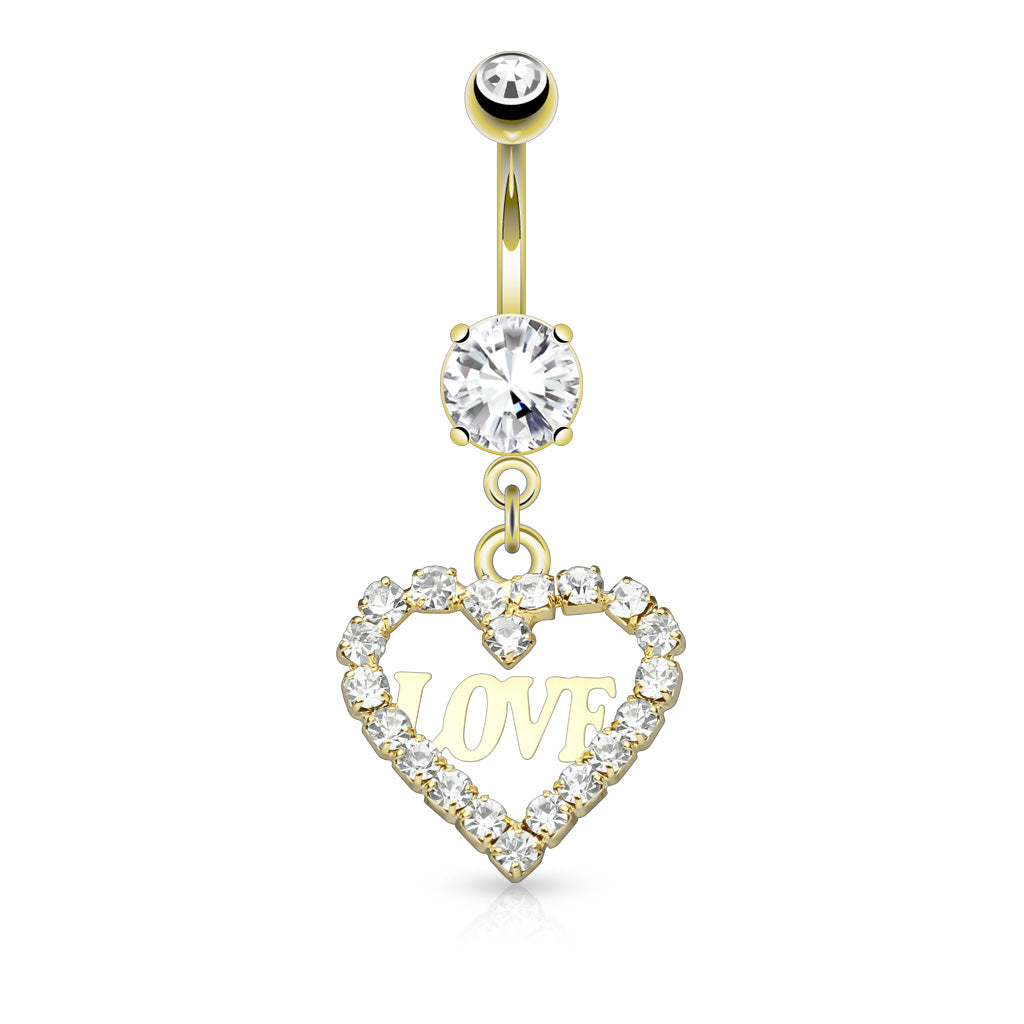 Cherry Diva belly bar Gold 14 Gauge Dangling Love Heart Belly Button Bar