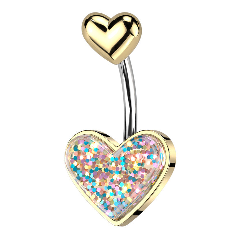 Cherry Diva Belly Bar Gold 14 Gauge Glitter Heart Shaped Belly Button Bar