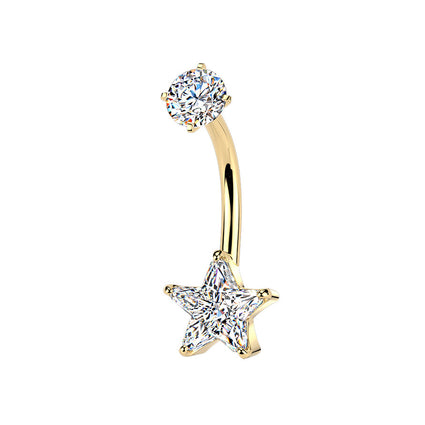 Cherry Diva Belly Bar Gold 14 Gauge Hypoallergenic Crystal Star Belly Bar