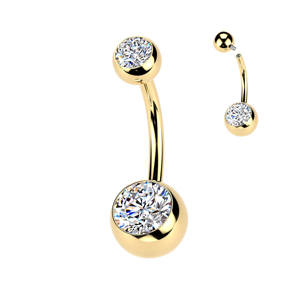 Cherry Diva Belly Bar Gold 14 Gauge Internally Threaded Titanium Double Crystal Belly Bar