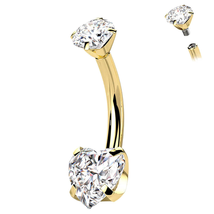 Cherry Diva belly bar Gold 14 Gauge Titanium Double Crystal Heart Belly Button Bar
