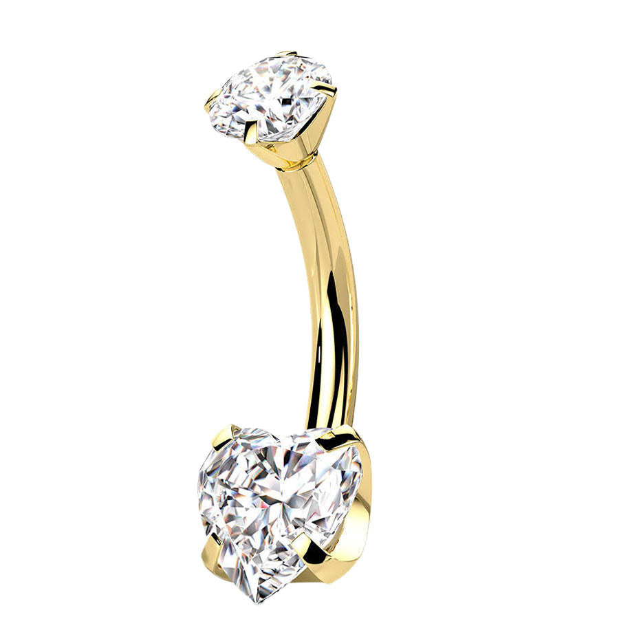 Cherry Diva belly bar Gold 14 Gauge Titanium Double Crystal Heart Belly Button Bar