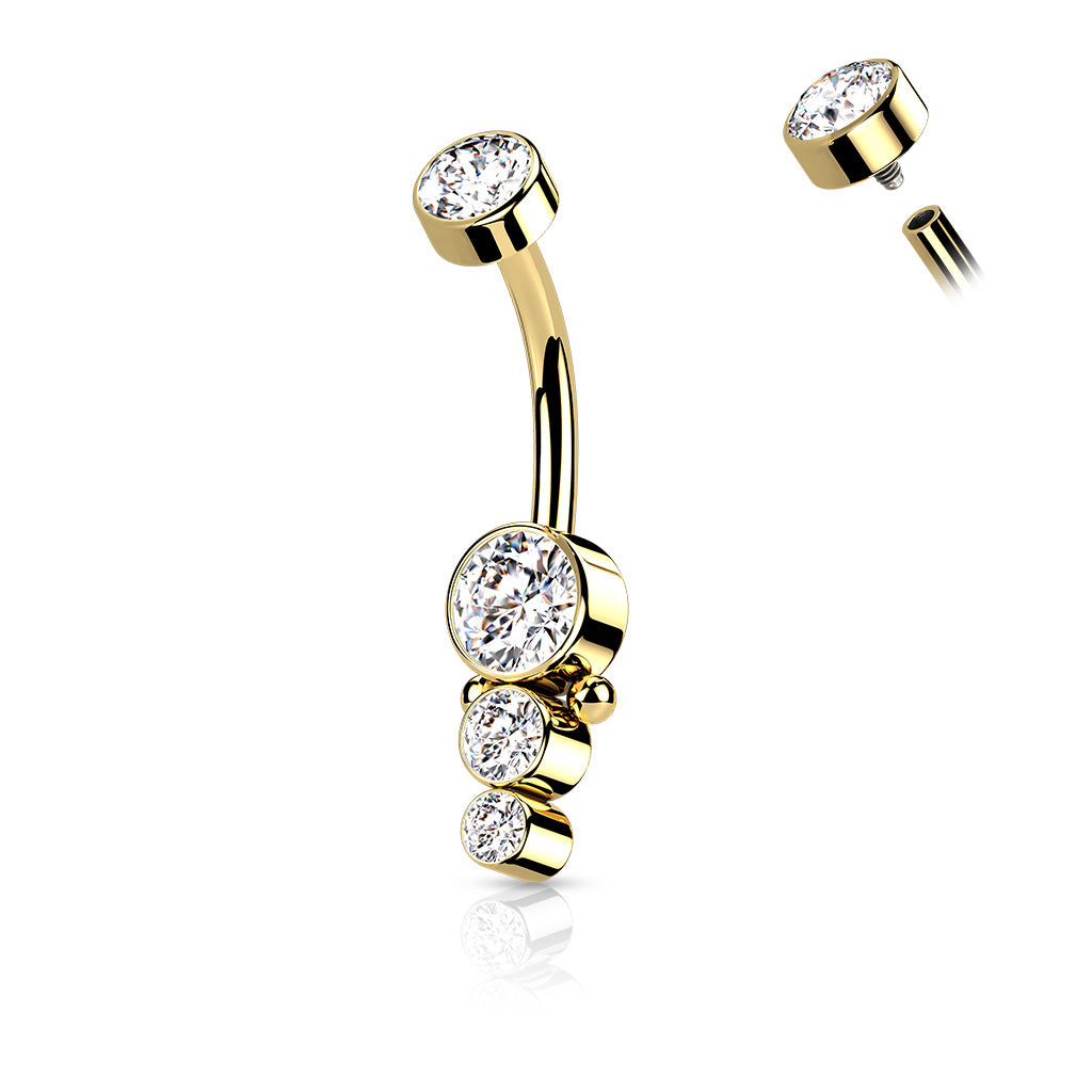 Cherry Diva belly bar Gold 14 Gauge Triple Crystal Belly Button Bar