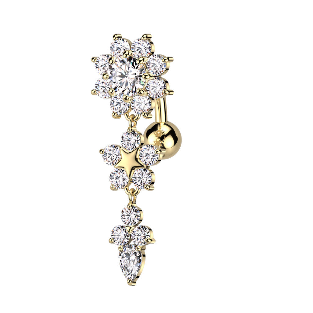 Cherry Diva belly bar Gold 14 Gauge Triple Crystal Flower Reverse Belly Button Bar