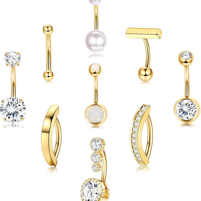 Cherry Diva Belly Bar Gold Multi Pack Of 9 Crystal & Hinged Belly Button Bars