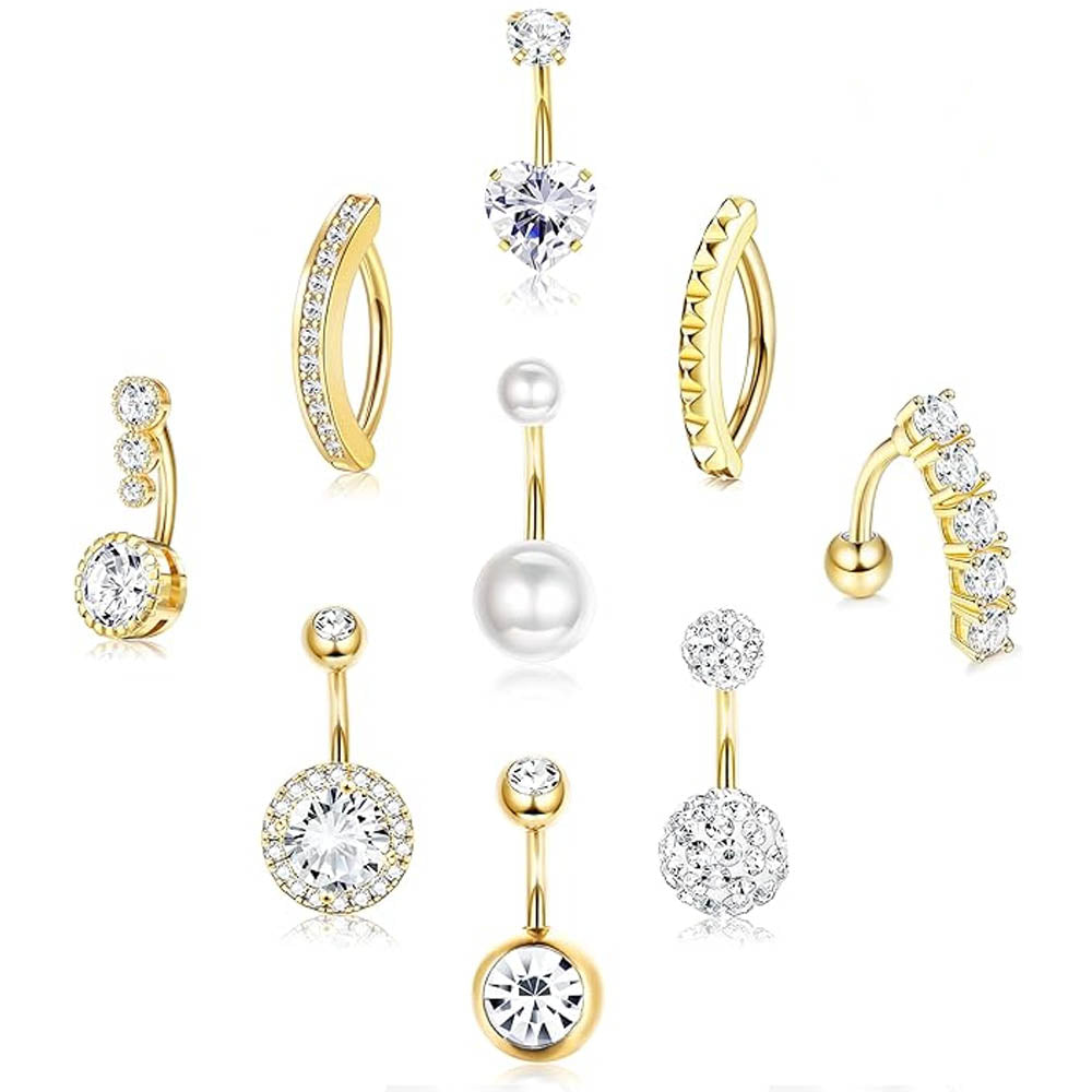 Cherry Diva belly bar Gold Multi Pack Of 9 Dangling & Hinged Belly Button Bars