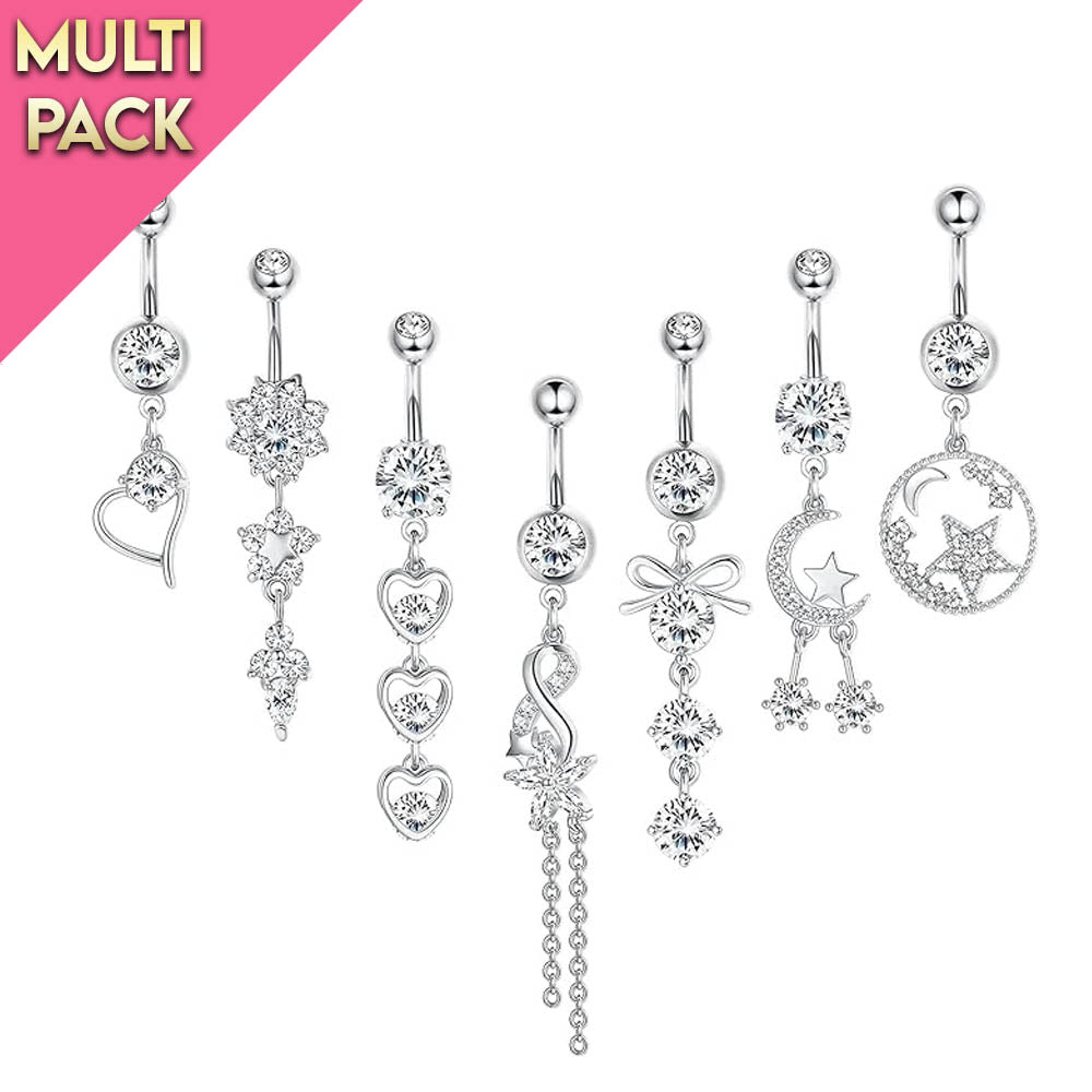 Limited Edition 7 Pack Dangling Belly Button Ring Set Silver