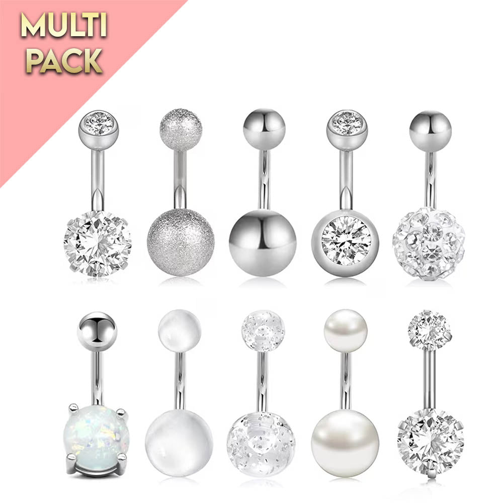 Multi Pack Of 10 Silver Crystal Belly Button Ring Set