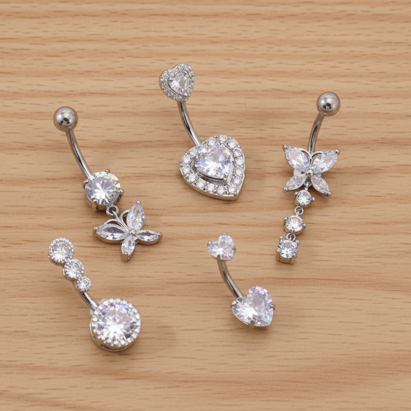 Cherry Diva belly bar Multi Pack Of 5 Crystal Belly Button Bars - Silver