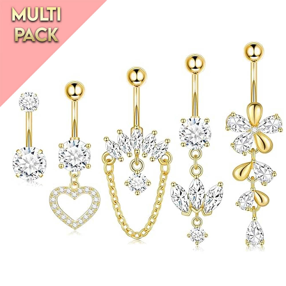 Cherry Diva Belly Bar Multi Pack Of 5 Crystal Dangling Golden Belly Button Bars