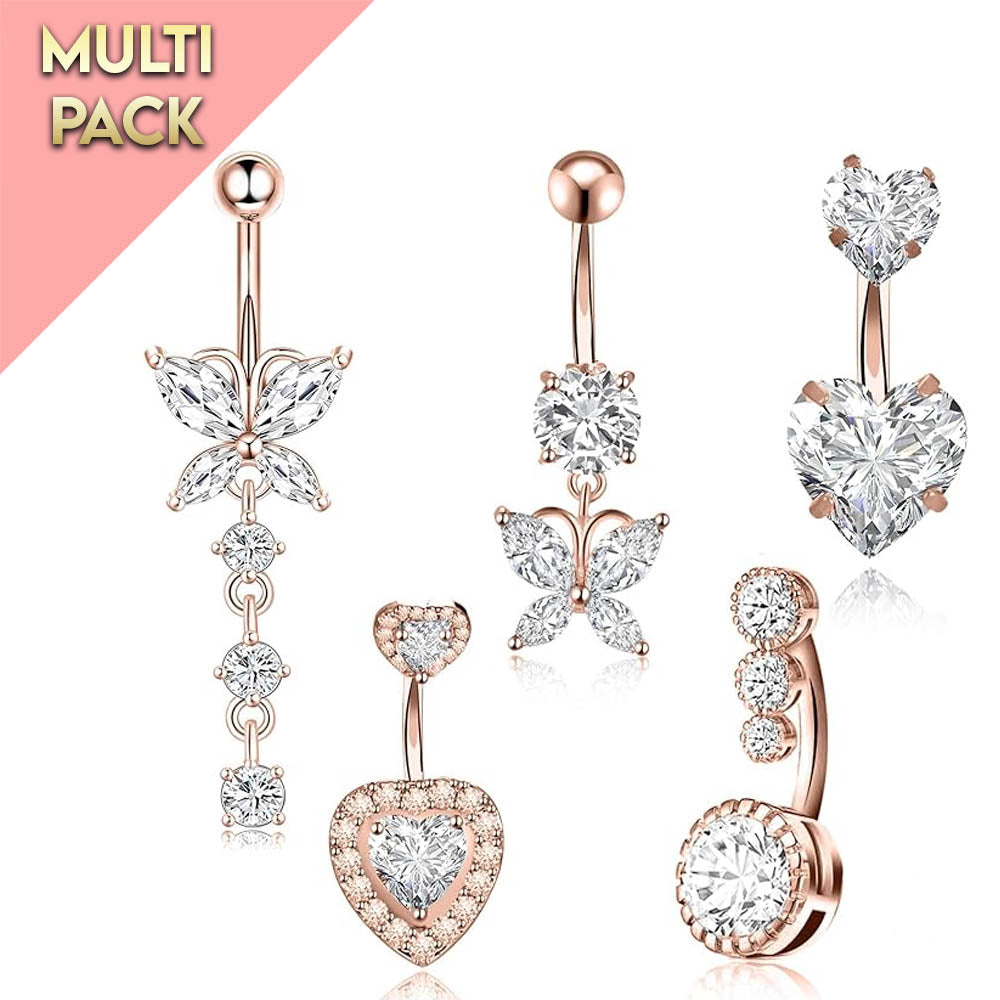 Cherry Diva Belly Bar Multi Pack Of 5 Crystal Dangling Rose Gold Belly Button Bars