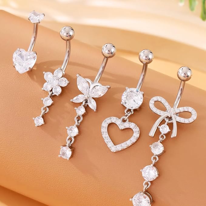 Cherry Diva Belly Bar Multi Pack Of 5 Dangling Crystal Belly Button Bars