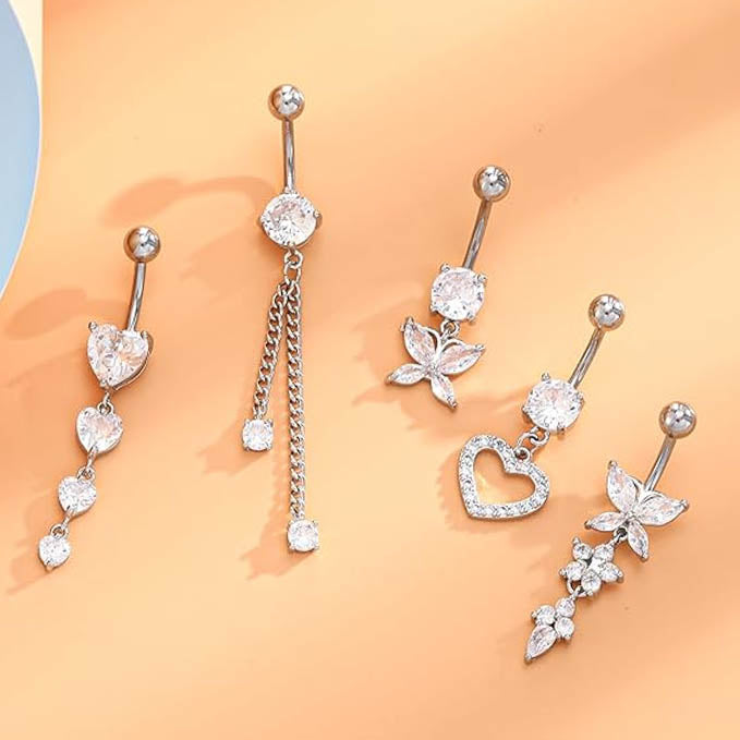 Cherry Diva belly bar Multi Pack Of 5 Silver Crystal Belly Button Bars