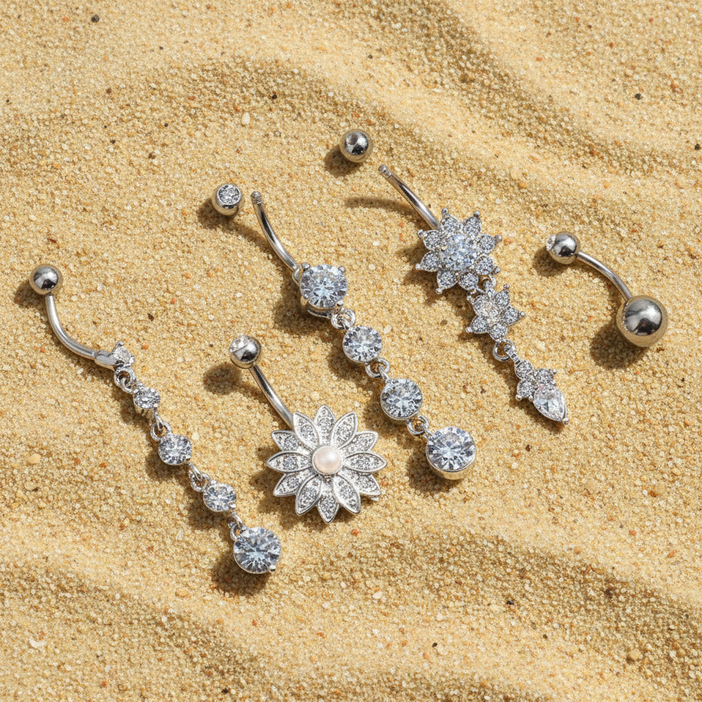 Cherry Diva belly bar Multi Pack Of 5 Silver Dangling Crystal Belly Button Bars