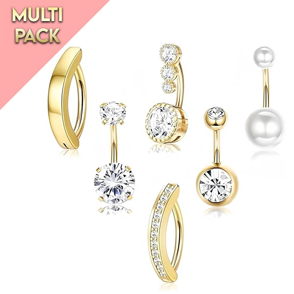 Cherry Diva Belly Bar Multi Pack Of 6 Crystal Golden Belly Button Bars