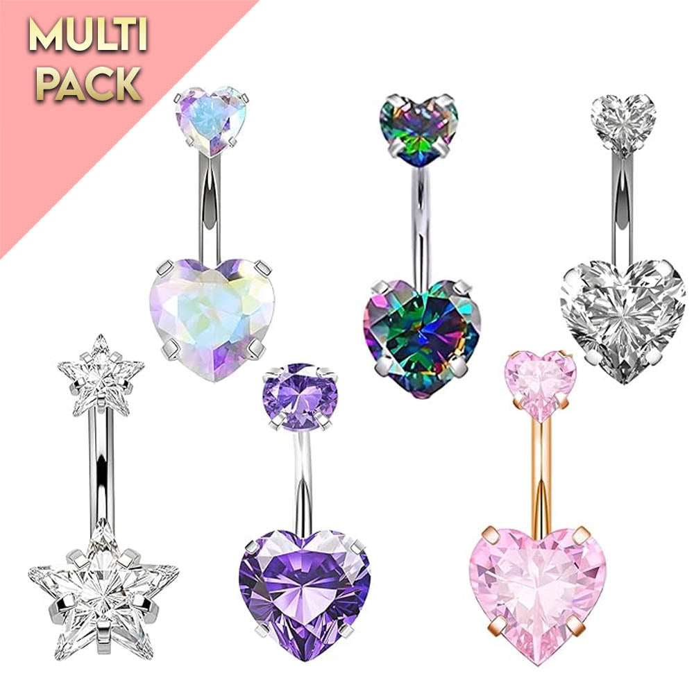 Cherry Diva Belly Bar Multi Pack Of 6 Rainbow Crystal Belly Button Bars